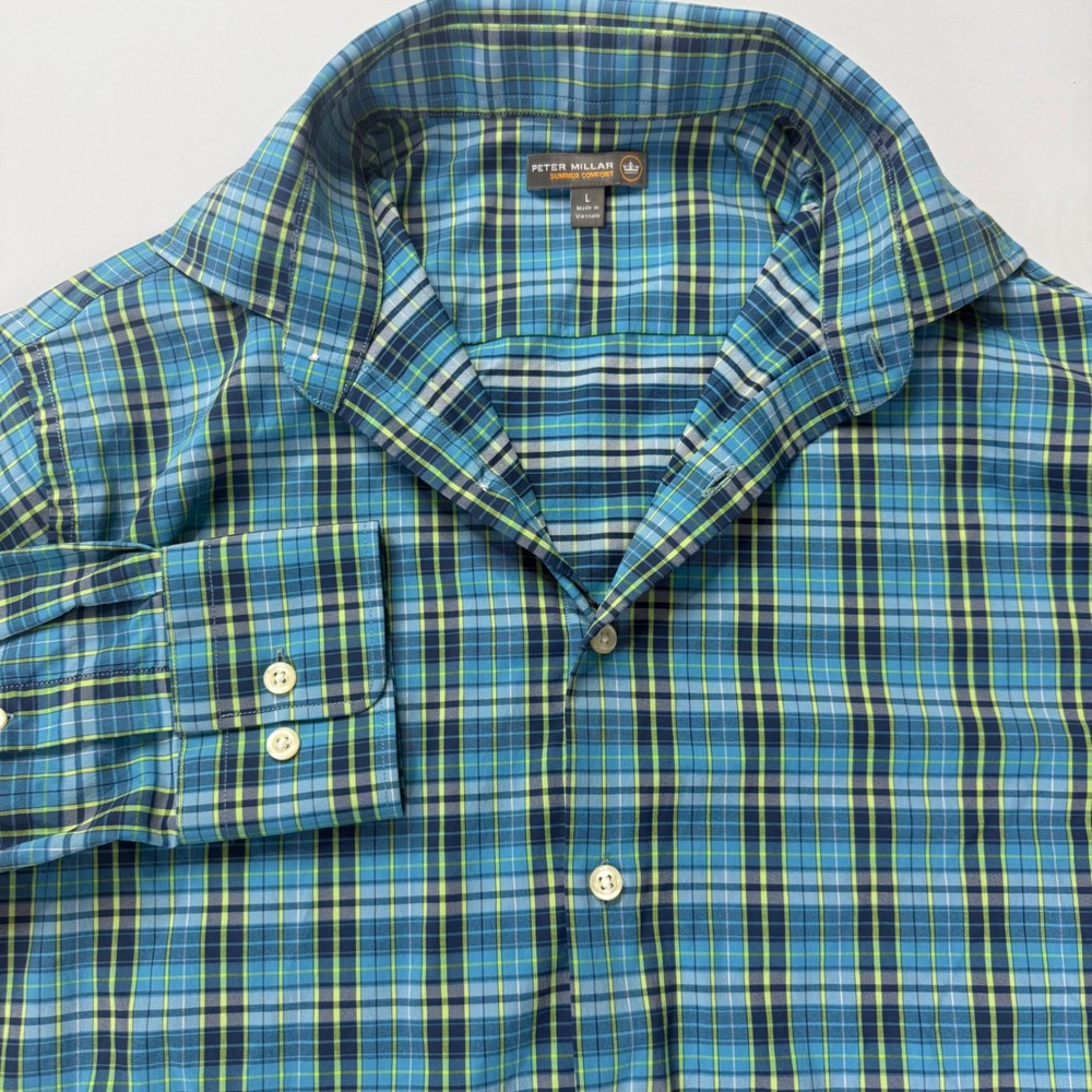 Peter Millar Summer Comfort Shirt Mens Large‎ Blue Plaid Performance Long Sleeve